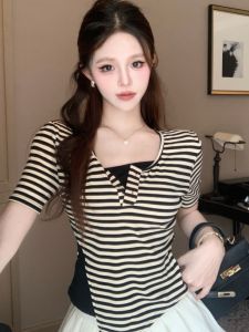 GUZILIAN | Korean Style Striped Color Block Short Sleeve T-Shirt Womens Summer Slim Fit Casual Top Fashion Design Versatile Short Length