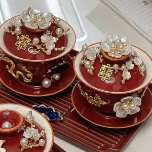 Tea Cup Wedding Bowl Suit Toast Tea Cup Modified a Pair of Bowl Red Bowl One a Pair of Bowl Chopsticks Red Wedding Dragon and Phoenix