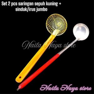 set 2 pcs peralatan jualan mie saringan sepuh kuning + sinduk irus jumbo 50 cm