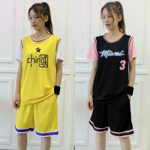 Womens Loose BF Style Basketball Uniform Short Sleeve Sports Exam Set Two Piece Fake Suit Class Team Uniform Miami Heat
