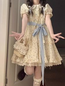 Váy Công Chúa Tay Bồng Cổ Búp Bê Mùa Hè Cho Nữ Váy Ngắn Họa Tiết Hoa Cạp Cao Ngọt Ngào Váy Công Chúa Cổ Búp Bê