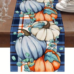 1Pc Autumn Blue White Pumpkin Table Runner - Thanksgiving with Leaves Green/Gold Orange Pumpkin Fit Restaurant Home Harvest Party Pastoral Decor Market Display.