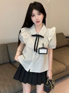 GUZILIAN | Sweet College Style Womens Summer Outfit Bubble Sleeve Striped Shirt A-Line Skirt Set Anti-Aging Trendy Korean Version Short Sleeve Polo Neck