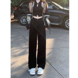 High Waist Black Extended Straight Leg Jeans Womens Fashion Spring Autumn Loose Slimming Wide Leg Floor-Length Pants