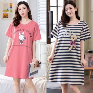 Summer Sleep Dress Womens Loose Cute Home Clothes Rabbit Print Short Sleeve round Neck mid Dress Length Polyester Fiber