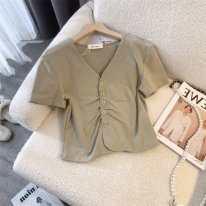 First-Line Brand Cut Label Big Brand Export Sample Clothes V Neck Short-Sleeved T-shirt Female Summer Stylish Niche Style Slimming Short Top