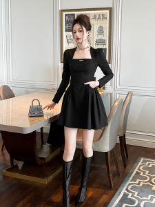 Hebe Style Slimming Short Black Dress Date Unique Beautiful Rich Girl Waist Cinch Puffy French Style Dress Womens Fashion