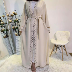 Arabian Robe Womens Caftan Dubai Dress Long Open Cardigan Coat Ethnic Style Belted Beaded Spliced High Waist Bell Sleeve Polyester Fiber