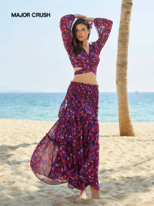 Spring Summer New Design Purple Mist Flower Print High Waist Slimming Full Skirt Dress