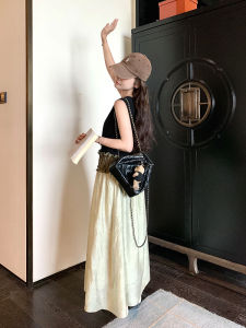 Green Splice Sleeveless Vest Dress Womens Summer Special High-End French Style Casual Dress Natural Waist Polyester Fiber