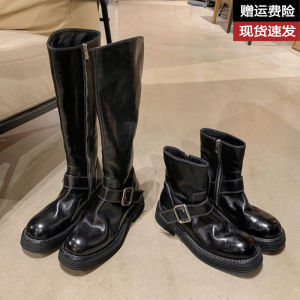 Genuine Leather Retro Thick Bottom Long Boots Womens Autumn Winter New Style Belt Buckle No Longer than Knee round Head Medium High Tube Knight Boots