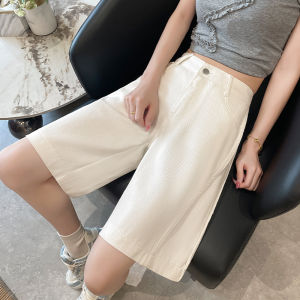 Womens 2026 Summer White Five-Point Denim Shorts Korean Y2K High Waist Loose Slimming Stretch Straight Leg Jeans