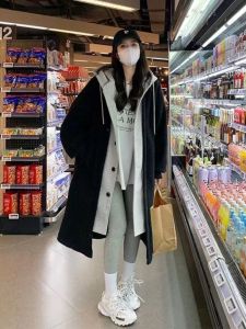 Internet Celebrity Fake Two-Piece Hooded Coat Overcoat Female Fall and Winter Thick Mid-Length Faux Cashmere Patchwork Cardigan Trench Coat