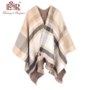 Fall and Winter Days Thick Khaki Camel Coffee Plaid Houndstooth Double-Sided Sun Protection Shawl Outer Match Office Cloak Export Women