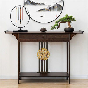 WISFOR Orient Style Hall Console Desk Table for Hallway Skinny Entryway Living Room Accent Table with Drawer and Shelf Rustic Brown
