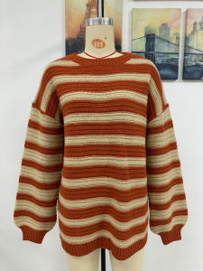 Autumn Winter Womens Knit Striped Pullovers Round Collar Sweater Loose Casual Long Sleeves Tops Elegant Jerseys Female Clothing