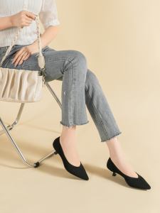 Womens Knitted Fashion Single Shoes Medium Heel Pointed Toe Breathable Soft Bottom Woven Summer New Style Casual Slip-On