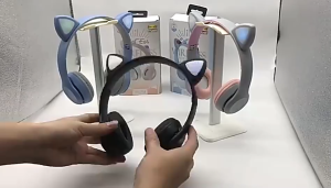 Cat Ear Wireless Bluetooth Headset with RGB Earbuds and Hi-Fi Stereo Sound in Blue Pink Purple and Lightgreen