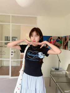 Yang Bubble Blue Letter Heart Short Sleeve Womens T-shirt Slim Fit Summer New Style round Neck Print Top Korean Version