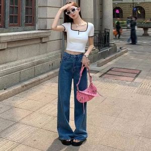 Color Block Short Sleeve T-Shirt Womens Slim Fit Square Collar Sweet And Spicy Top Korean Style Summer New Arrival