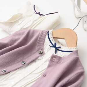 Pure Cotton Floral Lace Collar Butterfly Knot Shirt for Kids Spring Autumn Seasonal Long Sleeve Stand Collar White Shirt