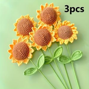 3 Pieces of Knitted Artificial Sunflower Products Hand Woven Flowers Hand Simulated Flowers Decorated with Yarn Crochet Hooks