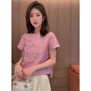 New Chinese Style Floral Embroidery Short Sleeve Womens T-shirt Pink Satin Print Summer High-End Feeling Mini Length Blouse