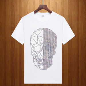 Summer round Neck Skeleton Head Rhinestone Short Sleeve T-Shirt for Young Men Fashionable Urban Style Cool Feeling Modal Cotton Blend