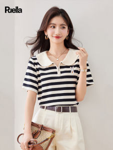 puella | Turn-down Collar Straight Shoulder Striped Short Sleeve Loose T-shirt with Rabbit Embroidery