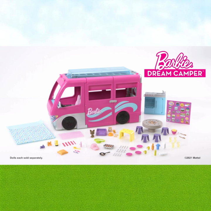Barbie Dream Camper Vehicle Playset, Feet Tall with Rolling Wheels,  Play Areas, Pool, Slide and Over 60 Camp Accessories, Barbie Car, Toys for 