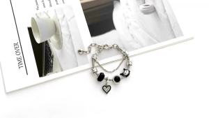 Sanrio | Kuromi DIY Charm Bracelet Zinc Alloy with Black Crystal & Rhinestone Heart Charms Adjustable Silver Bangle