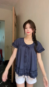 Áo babydoll tay bèo phối nơ xinh xắn Áo kiểu nữ viền bèo chun ngực cúc dọc Lucky Clothing 4001