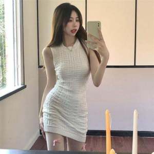 Pure Color Short Sleeveless Knitted Vest Skirt Spicy Girl Tight Fit Wrap around Summer New Design Low Waist Polyester