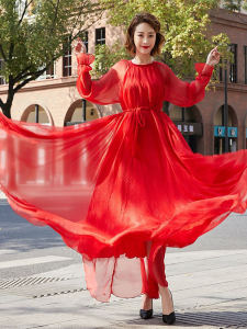 ชุดเดรสยาวสีแดง ชุดเดรสชายหาด ชุดเดรสยาวสไตล์โบฮีเมียน ชุดเดรสยาวฤดูร้อนสำหรับผู้หญิงไซส์ใหญ่ ชุดเดรสยาวคอตั้งแขนยาว