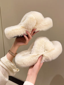 Black Furry Slippers Women Winter Outdoor Wear 2025 New Autumn High Heel Thick Bottom Heightening Plush Cotton Slippers