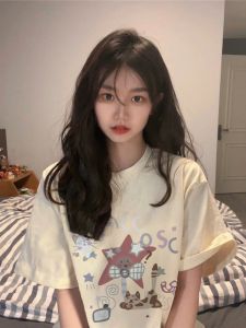 100% Pure Cotton American Oversize Spider Letter Short Sleeve T-Shirt Womens New Summer Fashion Creative Print round Neck Top