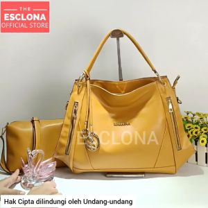 Esclona Tas Wanita E019b Bahu Selempang Handbag Kerja Batam Fashion Kulit PU Sintetis Polos 2 in 1
