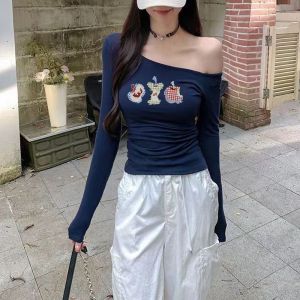 Elegant Apple Print Long Sleeve Shoulder Bared T-Shirt Womens Slim Fit Base Layer Top Fashionable Spring Autumn Cotton Crew Neck