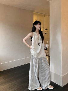 French Vintage Simple V-neck Hanging Neck Vest Womens New 2025 Casual Loose Sleeveless Top Elegant Versatile Summer Wear