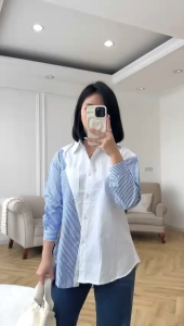 SJM KEMEJA KASUAL BAHAN KATUN KOMBINASI SALUR GAYA KEKINIAN