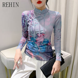 REHIN เสื้อเบลาส์ผู้หญิงพิมพ์ลาย เสื้อเบลาส์แขนยาวคอ ไซน์ไฮเอนด์