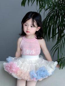 Summer Knitted Ice Silk Shoulder Cut out Vest Top for Baby Girls Princess Style Short Sleeve Lightweight Tutu Skirt Ensemble