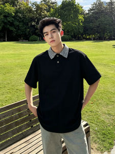 ZHUOCAN | Black Houndstooth Fake-layered Short Sleeve Summer Polo Shirt