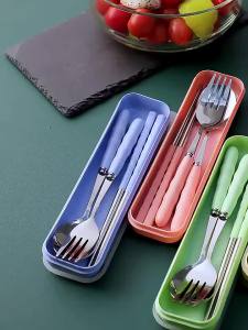 3pcs/set Tableware Set Stainless Steel Chopsticks Fork Spoon Set Travel Flatware With Box Lunch Tableware Kitchen Accessories
