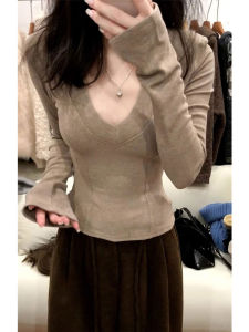 Slim-Fit Knitted V-Neck Long Sleeve Womens T-shirt Warmth-Building Cotton Polyester Blend Spicy Style Fishbone Design Base Shirt