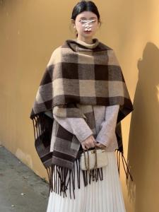 Womens Shoulder Shawl Cowl Neck Coat Wool Blend Knitted Mid-Length Tassel Trim Striped Outerwear Fall Winter Fashion