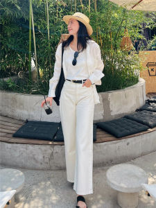 กางเกงยีนส์ขากว้างเอวสูงสีขาว กางเกงขายาวทรงตรง ทรงหลวม ทรงสลิม สำหรับผู้หญิง ฤดูใบไม้ร่วง 2024 กางเกงขายาวทรงตรง