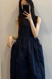 YUFUQING | 2024 New Korean Style Slim Fit Indigo Blue Drawstring Waist Lightweight Sleeveless Vest Dress Women Summer Long Dress