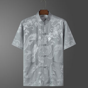 Áo Sơ Mi Tay Ngắn Ice Silk Thường Ngày Cho Nam Trung Niên Và Người Cao Tuổi Bộ Đồ Hanfu Mùa Hè Áo Sơ Mi Thường Ngày Cho Bố Và Ông