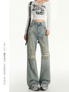 กางเกงยีนส์ทรงหลวมสไตล์ย้อนยุคสไตล์อเมริกันสำหรับผู้หญิง ฤดูใบไม้ผลิ 2025 กางเกงยีนส์ขาดสีน้ำดิน กางเกงขายาวทรงหลวม